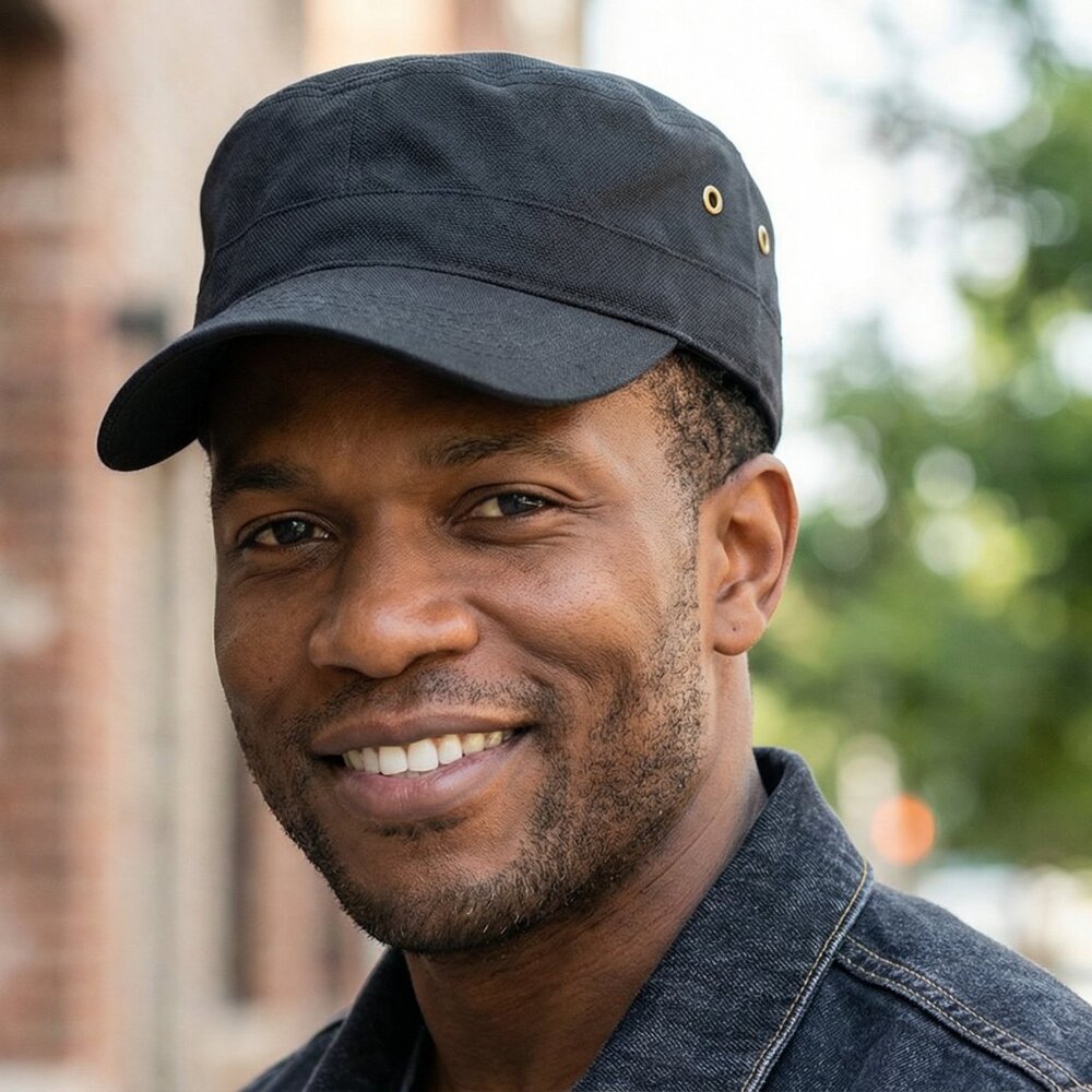 Black Military Cadet Cap | Structured Army-Style Hat w/ Brass Eyelets | One Size